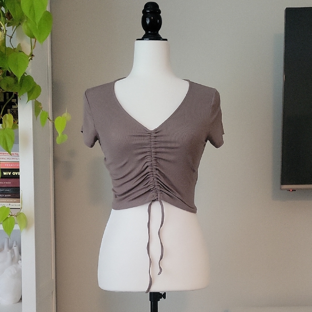 Sunday Best Taupe Ruched V-Neck Crop Top